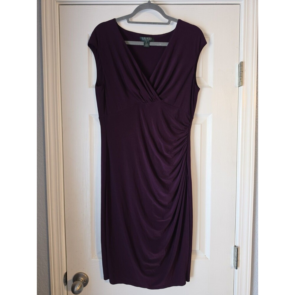 Ralph Lauren Faux-Wrap Jersey Midi Sheath Dress Purple Plum Empire Size 12 Party
